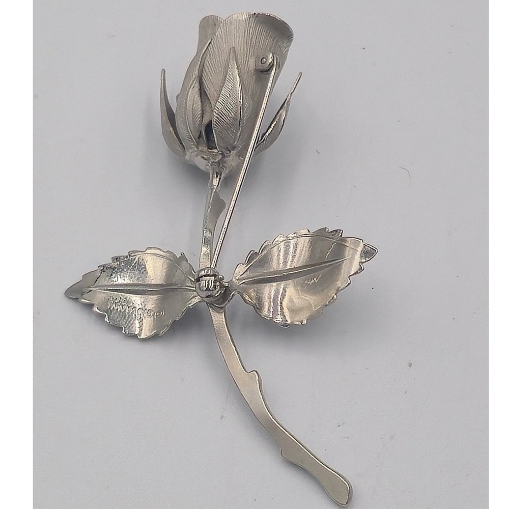 Vintage 1960s Giovanni Brushed Silver Tone Long Stemmed Rose Brooch Pin Signed